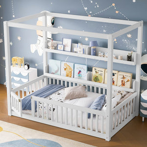 English Elm Twin House Floor Bed with Door and Full-Length Guardrails, Solid Wood Double Twin Floor Bed for Kids' Playful Rooms Light White W1580P359327