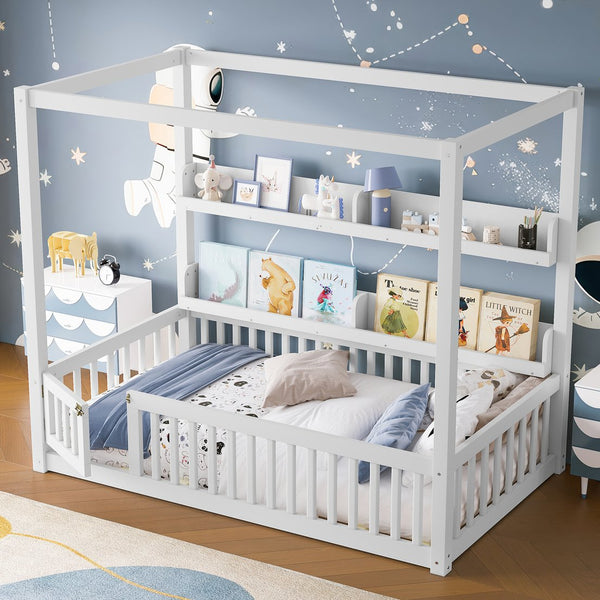 English Elm Twin House Floor Bed with Door and Full-Length Guardrails, Solid Wood Double Twin Floor Bed for Kids' Playful Rooms Light White W1580P359327