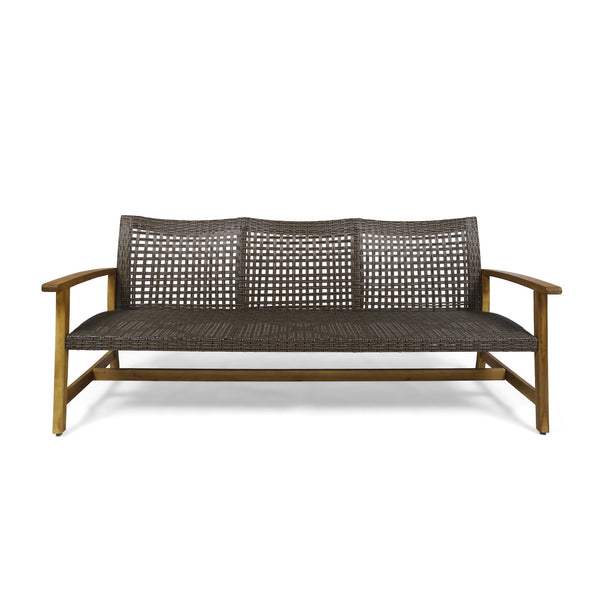 English Elm Christopher Knight Home® - Outdoor Acacia Wood Wicker 3 Seater Sofa with Iron Accents, Weather-Resistant Patio Conversation Set Natural 60395.00WTCMCA