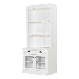 English Elm 83.4"tall Bookcase with Led Shelves Sliding Doors Open Storage Modern White N751S379857K