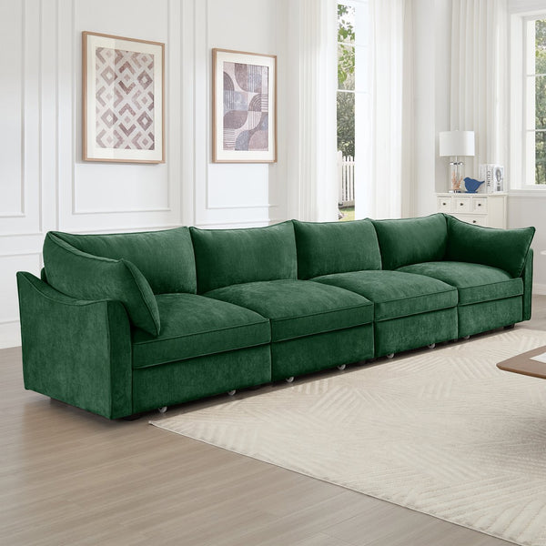 English Elm Super Super Large Wide Deep Seat Sofa Couch for 4 Persons with Hidden Under-Seat Storage Drawers and Chenille Green W3041S00189