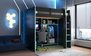 English Elm Full Size Loft Bed with Rgb Lighting Desk Open Wardrobe and Storage for Gaming Rooms Blue LT000277AAC