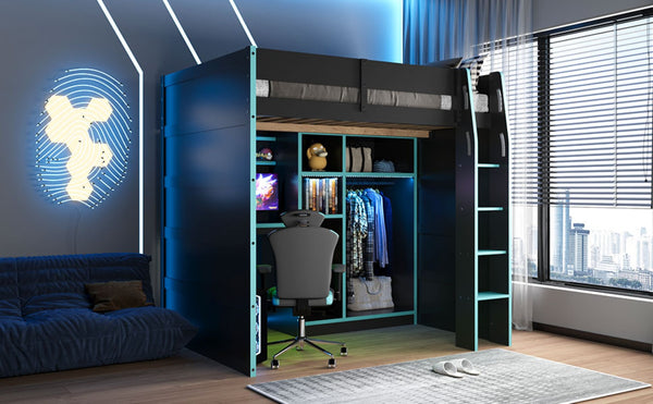 English Elm Full Size Loft Bed with Rgb Lighting Desk Open Wardrobe and Storage for Gaming Rooms Blue LT000277AAC