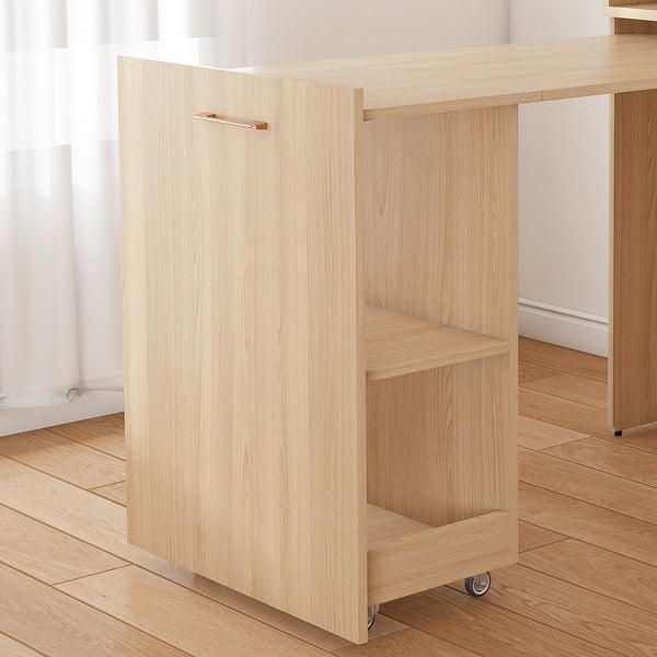 English Elm Stretchable expandable office desk with magnetic fold, lockable casters, adjustable shelves for storage and space-saving Natural Wood W509P355681