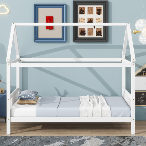 English Elm Twin House Bed with Headboard and Footboard — Space-Saving Rubberwood Frame, Playful Architectural Design White W504P225951