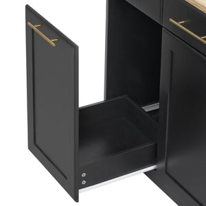 English Elm K&K Vintage Kitchen Island with Rubberwood Top, Hidden Wheels, Pull-Out Trash & Charging Station Black N707P299014B