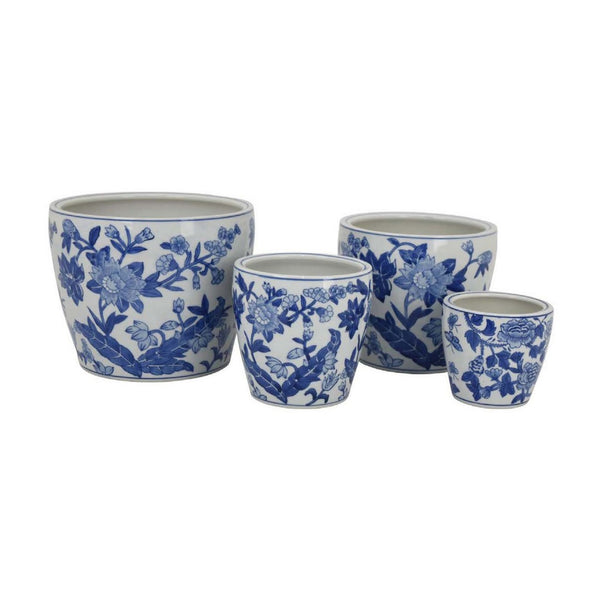 English Elm Kerry Blue Floral White Ceramic Planter Collection Four Graduated Pots for Indoor Garden Display White+Blue B056P416928