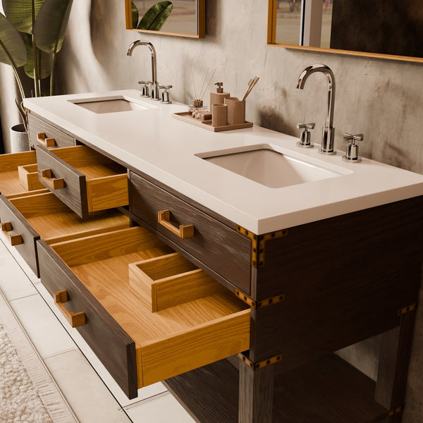 English Elm Brown Oak Double Bath Vanity Set With White Quartz Top, Faucets & Mirrors – Elegant Storage Solution B2731S01897