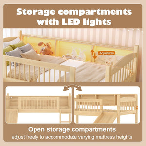 English Elm Twin Low Loft Bed Solid Pine Frame with Built-in Led Lighting and Storage Shelves Natural W1580P395930