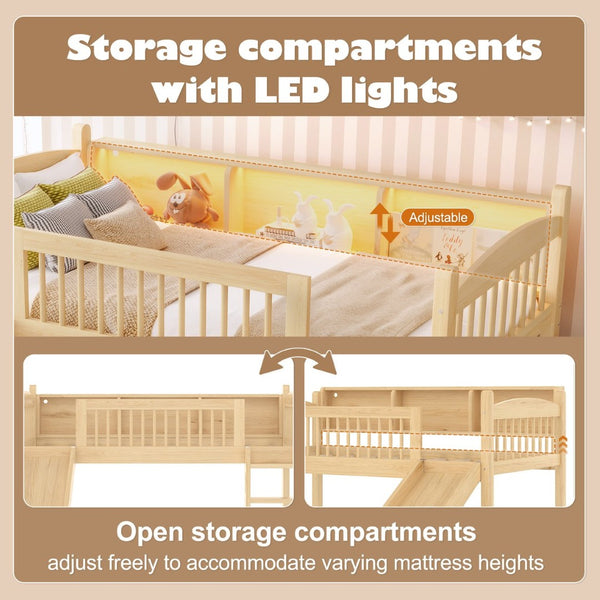 English Elm Twin Low Loft Bed Solid Pine Frame with Built-in Led Lighting and Storage Shelves Natural W1580P395930