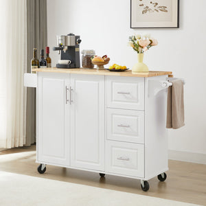 English Elm Kitchen Island Cart with Drop-Leaf Rubberwood Countertop, Rolling Tower Rack, Drawers & Spice Storage White W1820P195005