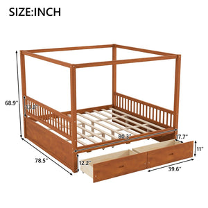 English Elm Wooden Canopy Queen Bed Solid Frame with Built-in Storage Drawers Slatted Base Walnut N7090005037L