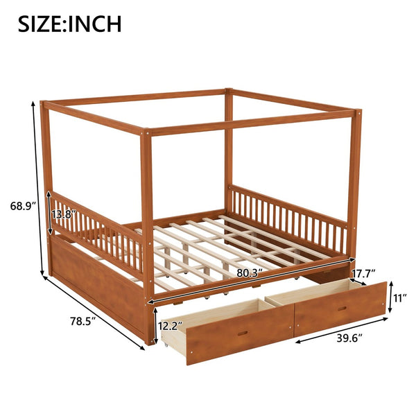 English Elm Wooden Canopy Queen Bed Solid Frame with Built-in Storage Drawers Slatted Base Walnut N7090005037L