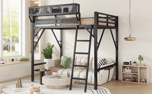 English Elm Full Size Loft Bed with Ladder & Built-In Shelves, Sturdy Metal High Loft for Kids Teens Black W2580P316646