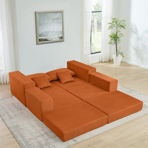 English Elm Modular Cloud Sectional Sofa with Corduroy Upholstery, Deep-Seat Sleeper Loveseat, Removable Ottoman, No-Assembly Comfort and Customizable Configuration Orange W1117P357547