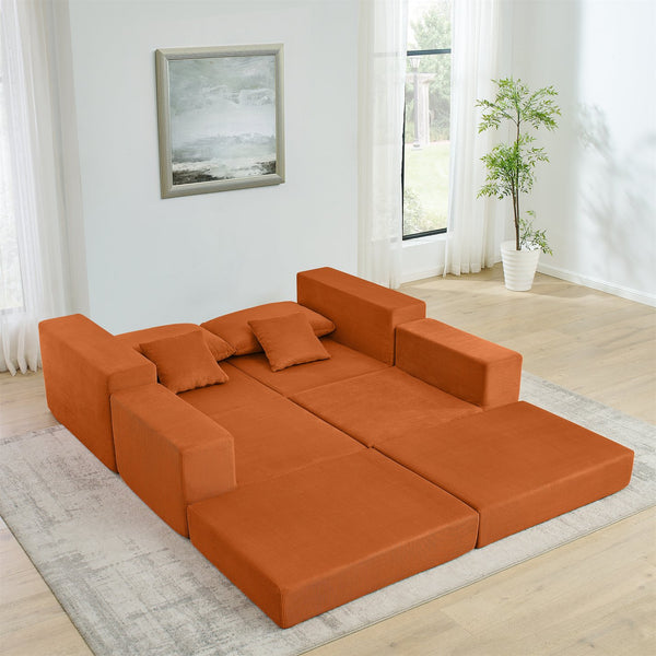 English Elm Modular Cloud Sectional Sofa with Corduroy Upholstery, Deep-Seat Sleeper Loveseat, Removable Ottoman, No-Assembly Comfort and Customizable Configuration Orange W1117P357547
