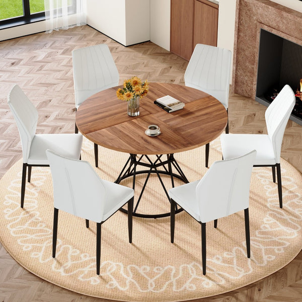 English Elm Table and Chair Set Walnut Round Dining with Six White Pu Seats Modern Industrial W1151S04858