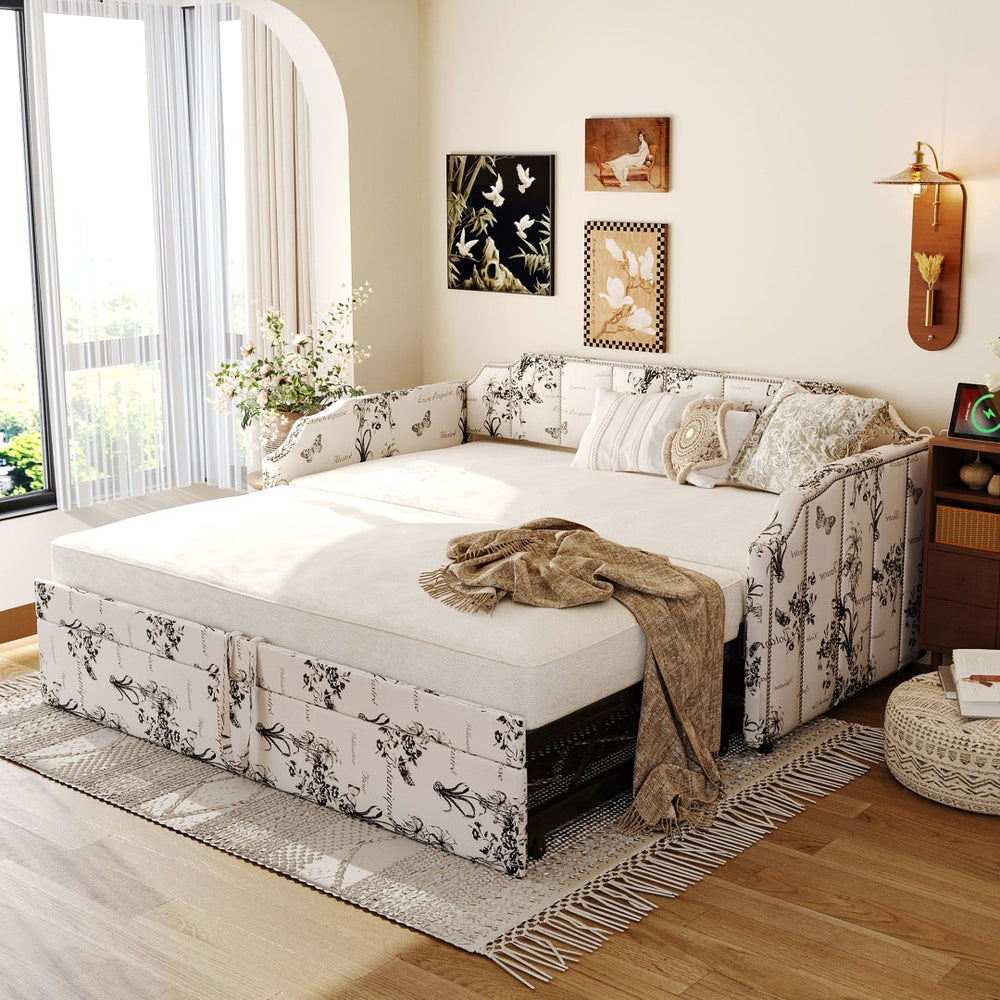 English Elm Twin Linen Upholstered Daybed with Pop up Trundle and Built in Usb Charging White Tossed Botanical SF000199AAZ
