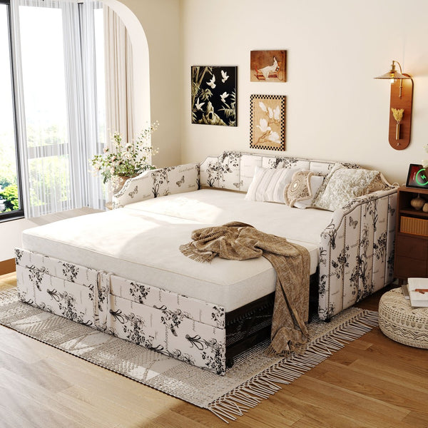 English Elm Twin Linen Upholstered Daybed with Pop up Trundle and Built in Usb Charging White Tossed Botanical SF000199AAZ