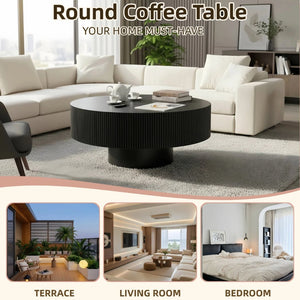 English Elm Round Fluted Pedestal Coffee Table Mid Century Mdf Base for Compact Living Spaces W3204P390987