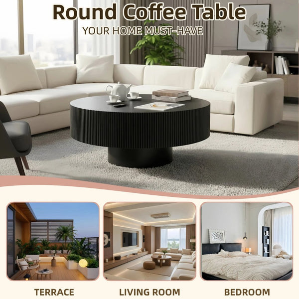 English Elm Round Fluted Pedestal Coffee Table Mid Century Mdf Base for Compact Living Spaces W3204P390987
