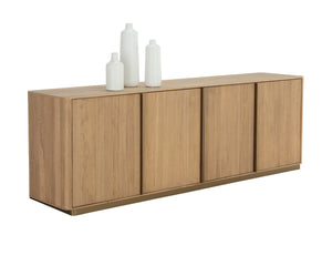 Sunpan Kalla Sideboard: Elegant Oak Design with Brushed Gold Accents, Soft Closing Doors, and Adjustable Shelves Rustic Oak
