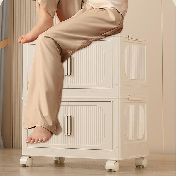 English Elm Cream White 5-Tier Folding Storage Cabinet With Magnetic Door & Wheels – Versatile Space-Saving Solution W2873P239386