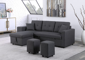 English Elm Dino Linen Tufted Sleeper Sectional with Reversible Chaise Storage and Two Ottomans Dark Gray B2749S00201