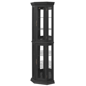 English Elm Lighted Corner Curio Cabinet - Elegant Display With Adjustable Shelves & Ambient Lighting - Black W1758P300129