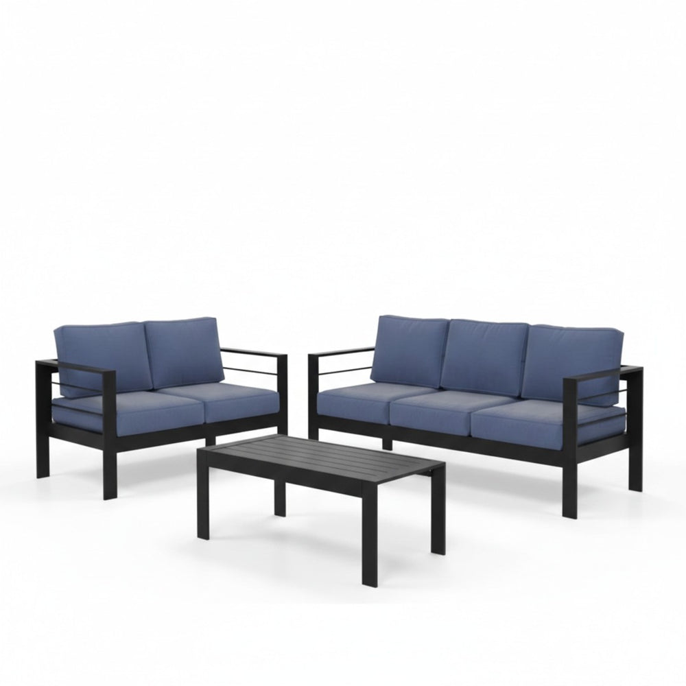 English Elm 3-piece Outdoor Aluminum Conversation Set with Deep Cushions and Wpc Coffee Table Blue B082S00095