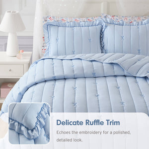 English Elm 3-piece Reversible Microfiber Quilt Set Bow Embroidery Ruffled Trim Romantic Bedroom Blue B035P482883