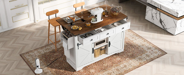 English Elm K&k Farmhouse Rolling Kitchen Island with Drop Leaf Power Outlets and Storage Cabinet White N707S170347W