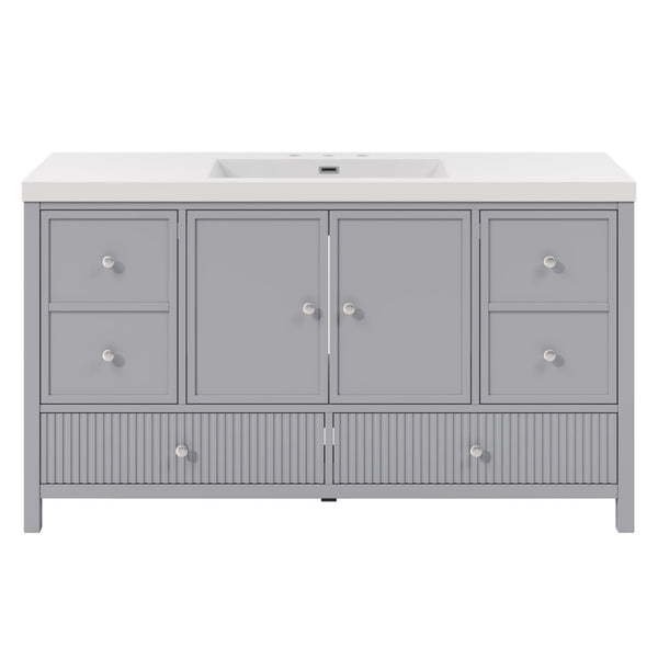 English Elm 60" Freestanding Bathroom Vanity Fluted Fronts Soft Close Drawers Drop-in Sink Blue Gray N817P404100B