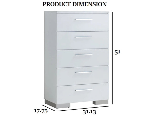English Elm Modern High Gloss White Chest 5 Drawers 31"W x 17.75"D x 51"H — Contemporary Storage, Easy Assembly B2741P368137