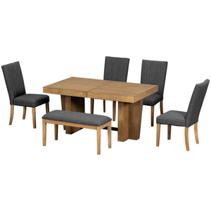 English Elm TOPMAX Solid Wood Extendable Dining Table Set for 6 with 18" Leaf, Trestle Legs, Cushioned Bench & Chairs Gray SP000089AAE