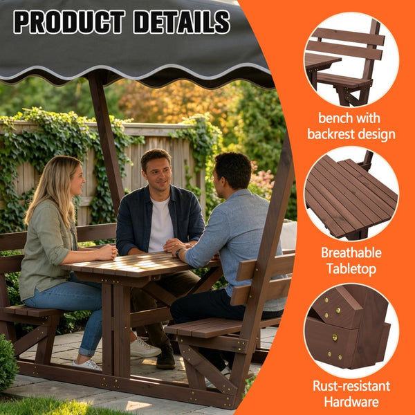 English Elm 5'x3' Wooden Gazebo Patio Shelter with Oxford Canopy Bench Seating and Slatted Table W1422S00075