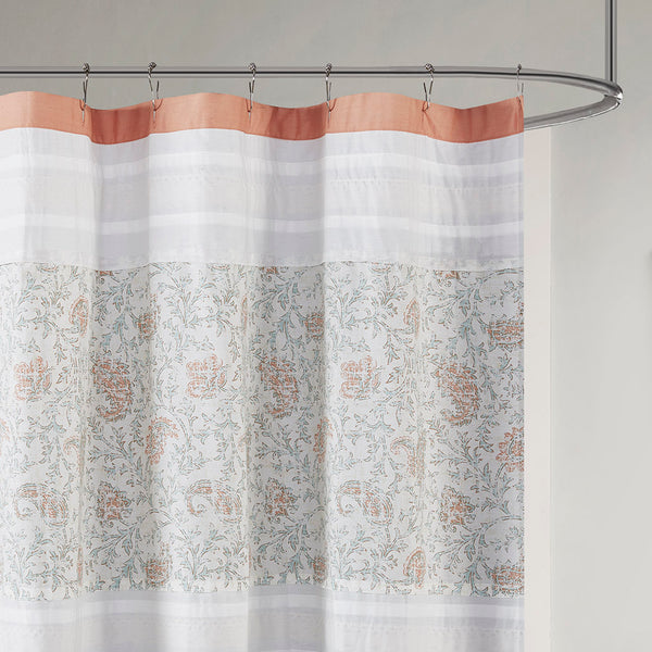 JLA Home Madison Park - Cotton Paisley Shower Curtain with Pin-Tucks and Lace Trim, OEKO-TEX Certified, 72x72 Inches Coral MP70-3038