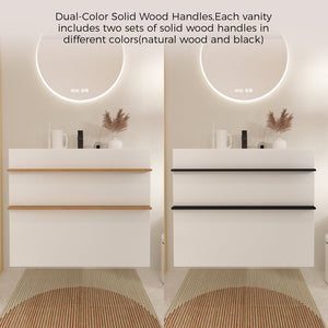 English Elm VELA 30 Inch Wall Mounted Bathroom Vanity with Integrated Acrylic Sink, Dual Wood Handles, Soft-Close Drawers, Matte Finish White W3235P327594
