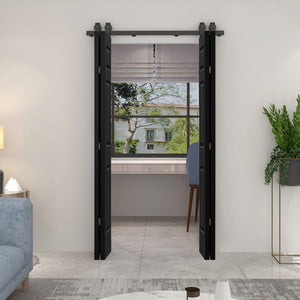 English Elm 24 in Primed Mdf Bi-fold Barn Door with Raised 6-panel Profile and Sliding Hardware Black B2763P491003