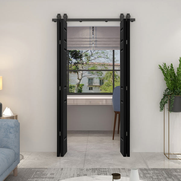 English Elm 24 in Primed Mdf Bi-fold Barn Door with Raised 6-panel Profile and Sliding Hardware Black B2763P491015