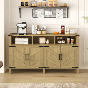 English Elm U_style 59 Inch Sideboard Buffet with Built in Power Outlets Open Cubbies Metal Accents Natural Wood N711P347407O