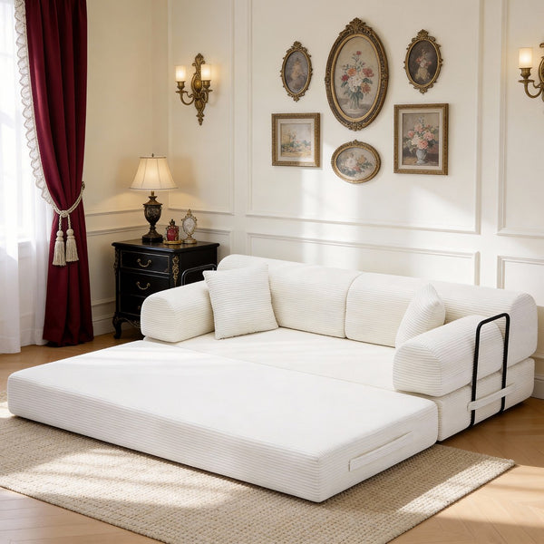 English Elm Convertible Corduroy Floor Sofa Folds Flat as Sleeper Daybed for Studio Living Beige W5532P438815