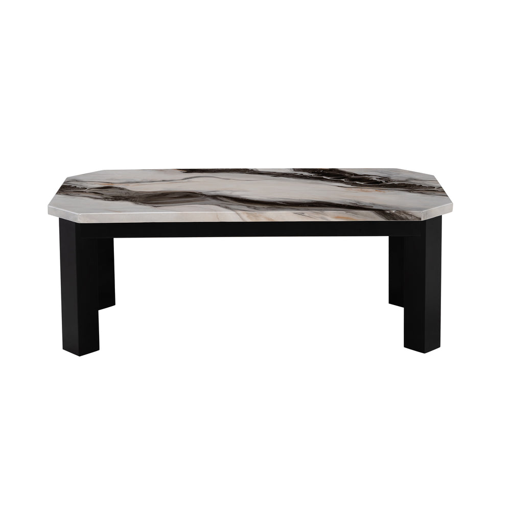 English Elm Jasper Faux Panda Marble Coffee Table with Solid Wood Base, Clipped Corners & Contemporary Flair Black+Ivory 51.5 L x 27 W x 6 H B201P296301