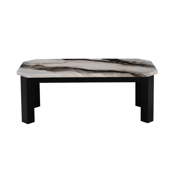 English Elm Jasper Faux Panda Marble Coffee Table with Solid Wood Base, Clipped Corners & Contemporary Flair Black+Ivory 51.5 L x 27 W x 6 H B201P296301