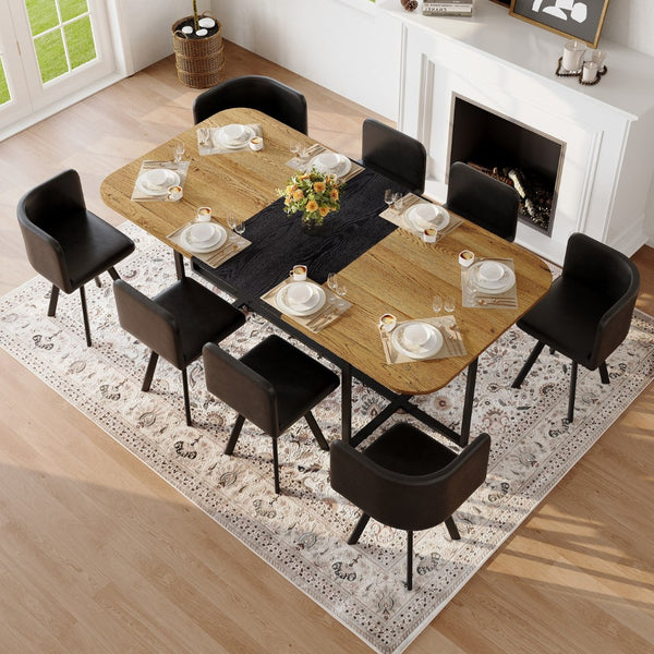 English Elm 9-piece Industrial Modern Dining Set Two-tone Wood Oval Table with Faux Leather Chairs W3875S00136