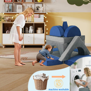 English Elm 15pcs Modular Toddler Play Couch Set Velvet Foam Fort Building Playroom Seating Blue+Grey T5880P493418