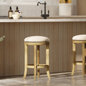 English Elm 26in. Backless Swivel Counterstool Solid Wood Farmhouse Seat Distressed Finish Kitchen Natural+Cream B2751P436422