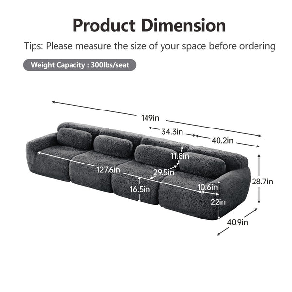 English Elm 149'' Plush Modular Cloud Sofa Boneless Ergonomic Design for Home Theater Lounge Dark Grey W714S01553