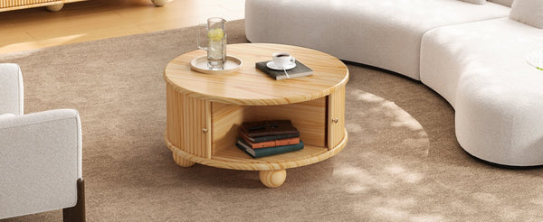 English Elm Round Fluted Pine Wood Coffee Table with Hidden Sliding Door Storage for Living Room Natural N735P369879N
