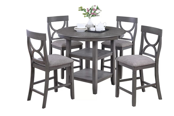 English Elm Counter Counter Height Dining Set with Oak Veneer Round Table, Padded Curve-Back Chairs & Storage Gray 48 L x 48 W x 16 H B011P145834